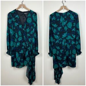 Badgley Mischka Green Blue Black Floral Print Wrap Dress, 10